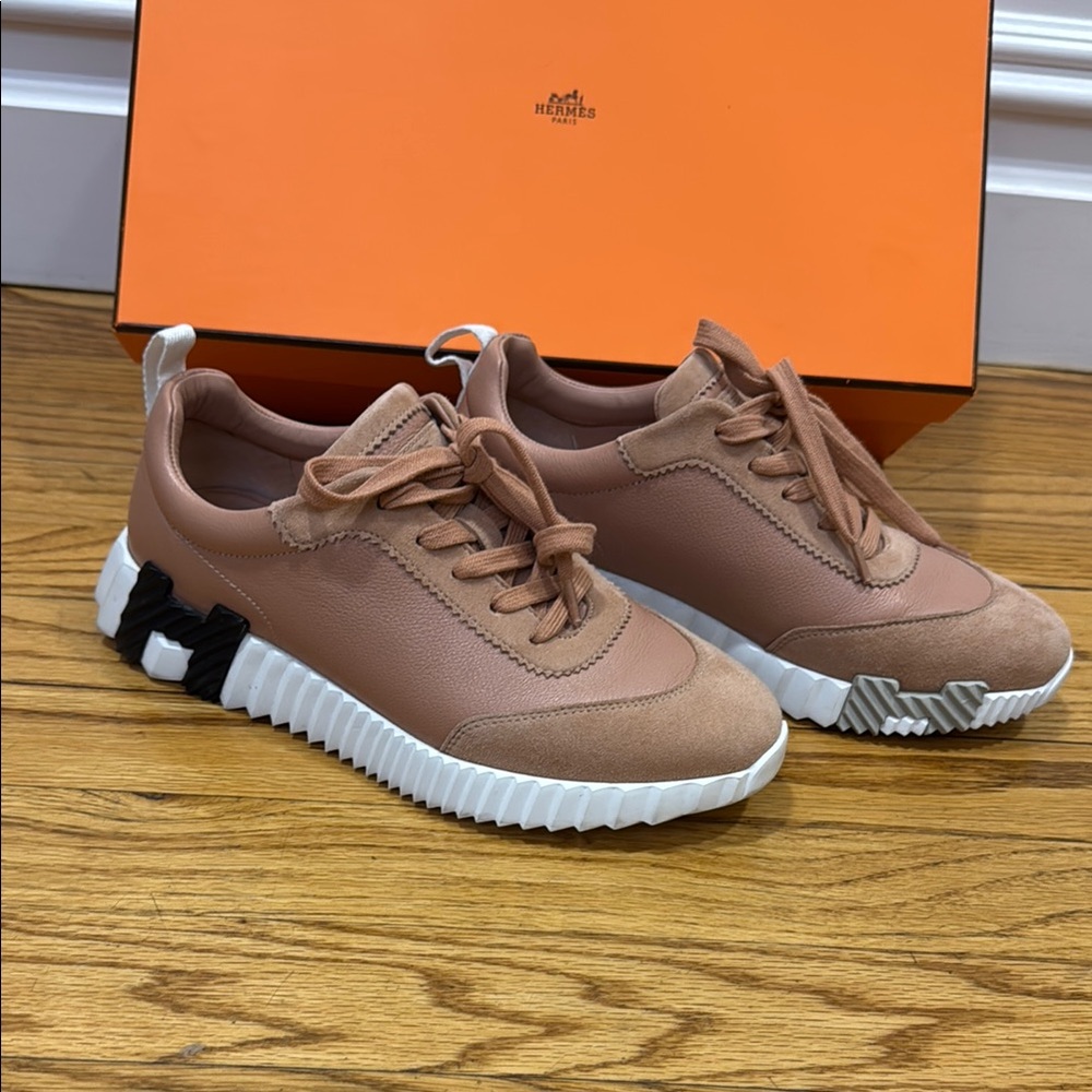 Hermès Pink Beige Leather & Suede women’s bouncing sneaker chèvre velours 38